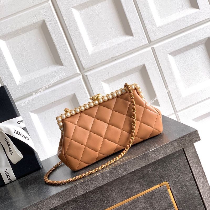 Chanel Lambskin Leather Pearls Clutch with Chain Caramel Brown 2026 AS5912 (yezi-260203047)