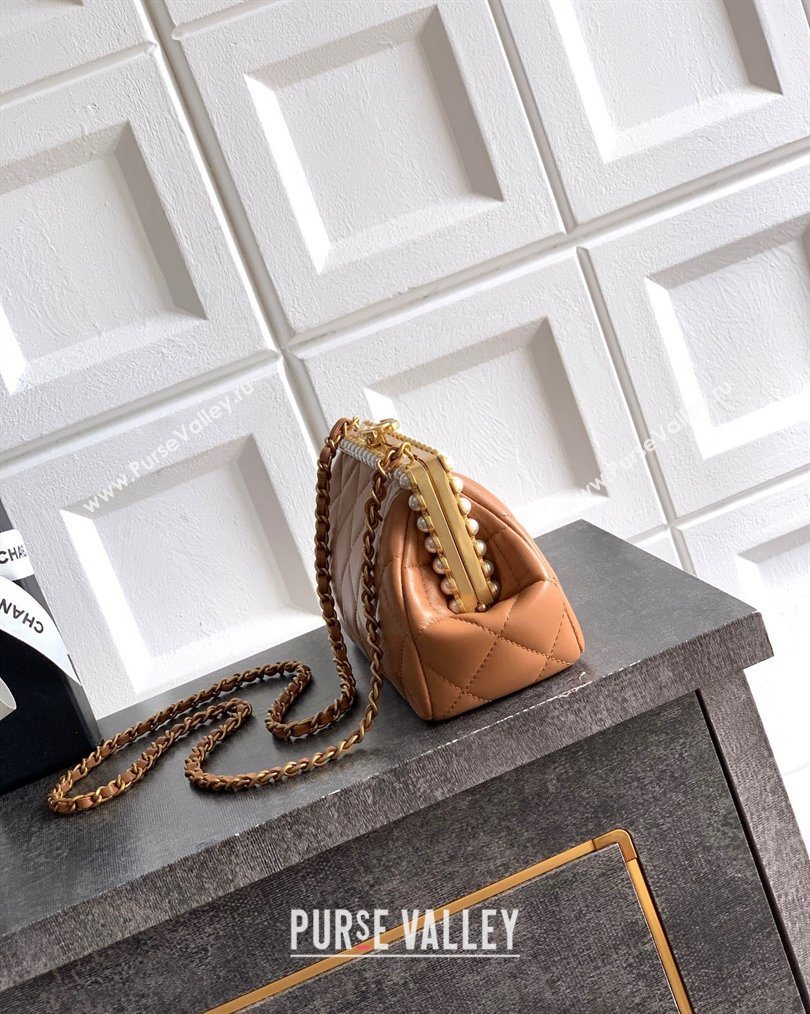 Chanel Lambskin Leather Pearls Clutch with Chain Caramel Brown 2026 AS5912 (yezi-260203047)