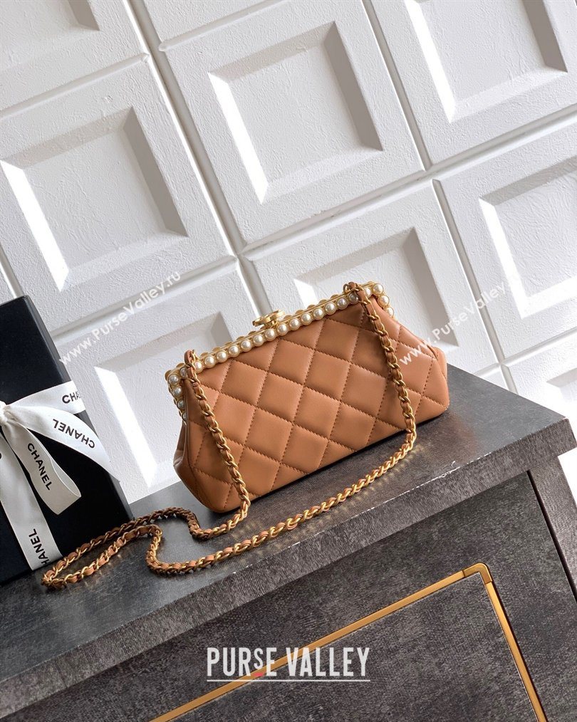 Chanel Lambskin Leather Pearls Clutch with Chain Caramel Brown 2026 AS5912 (yezi-260203047)