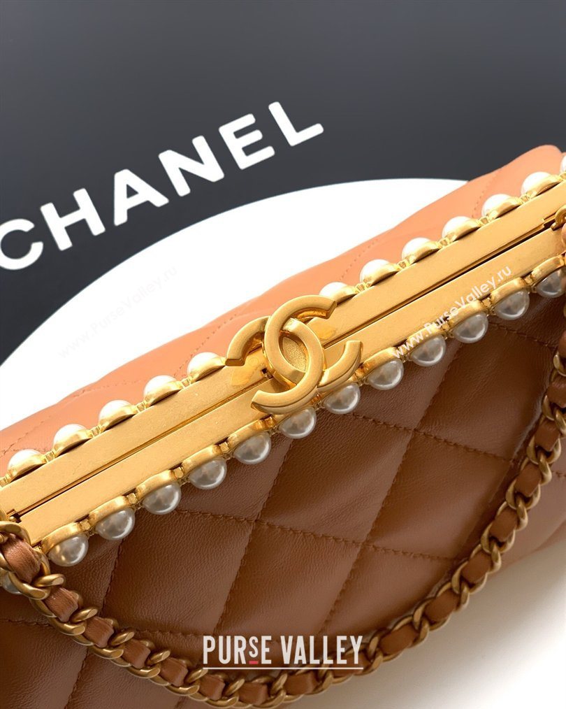 Chanel Lambskin Leather Pearls Clutch with Chain Caramel Brown 2026 AS5912 (yezi-260203047)