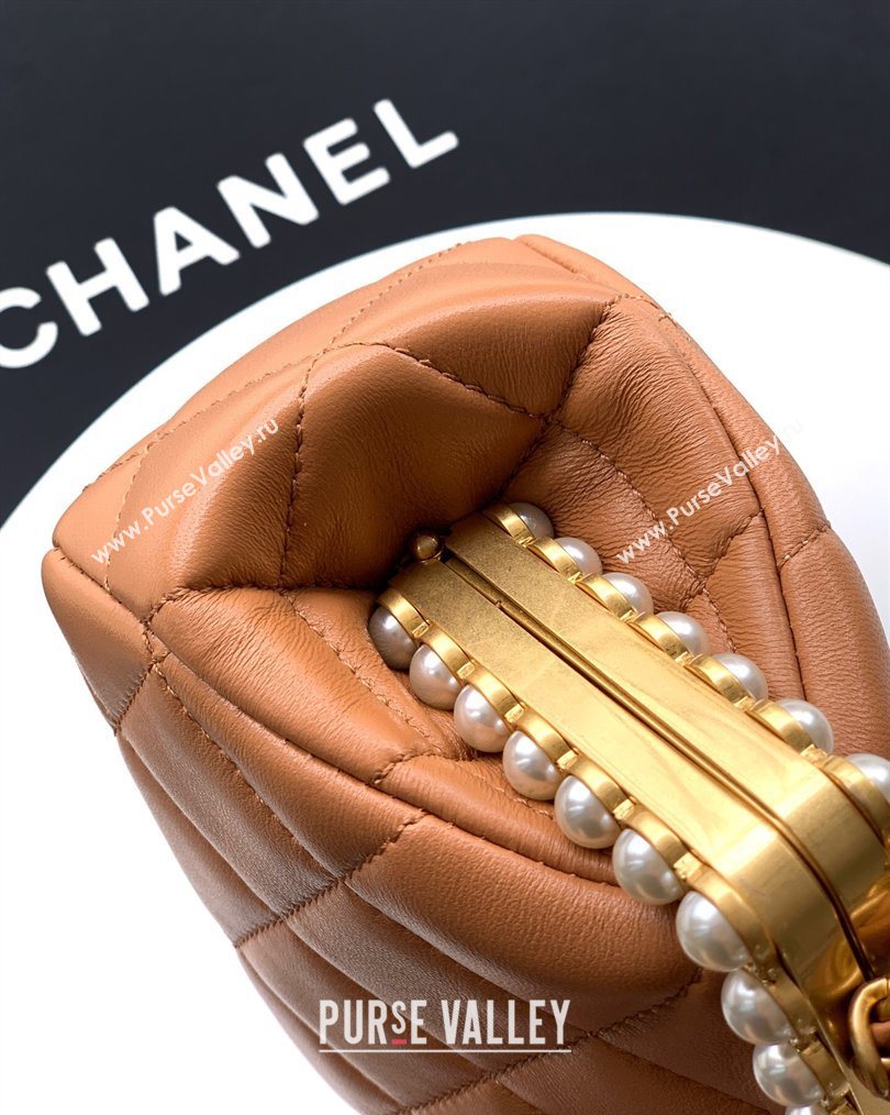 Chanel Lambskin Leather Pearls Clutch with Chain Caramel Brown 2026 AS5912 (yezi-260203047)