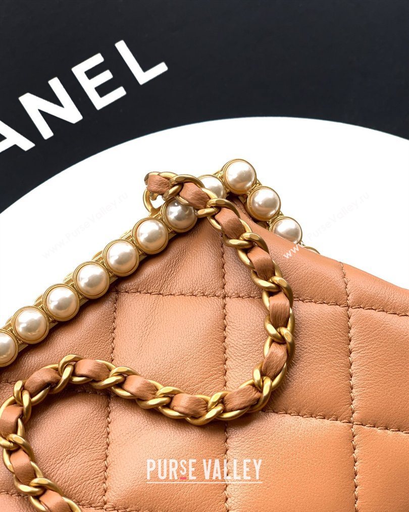 Chanel Lambskin Leather Pearls Clutch with Chain Caramel Brown 2026 AS5912 (yezi-260203047)