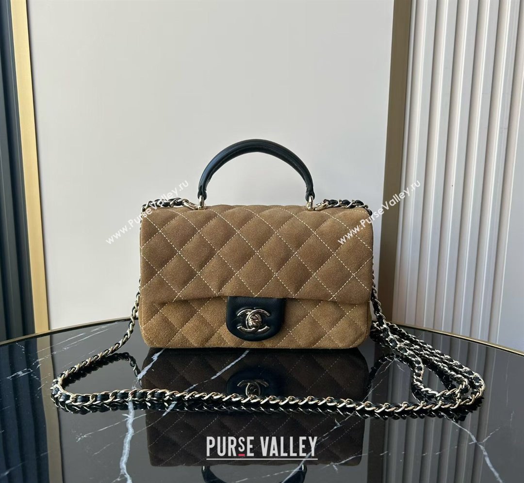 Chanel Suede Calfskin Leather Mini Classic Flap Handbag With Top Handle Brown 2026 AS2431 (yezi-260204003)