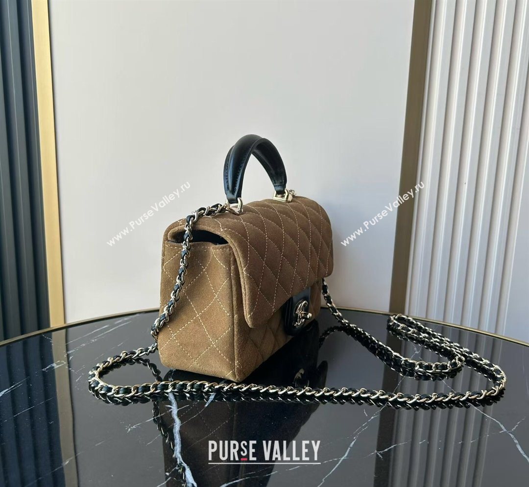Chanel Suede Calfskin Leather Mini Classic Flap Handbag With Top Handle Brown 2026 AS2431 (yezi-260204003)