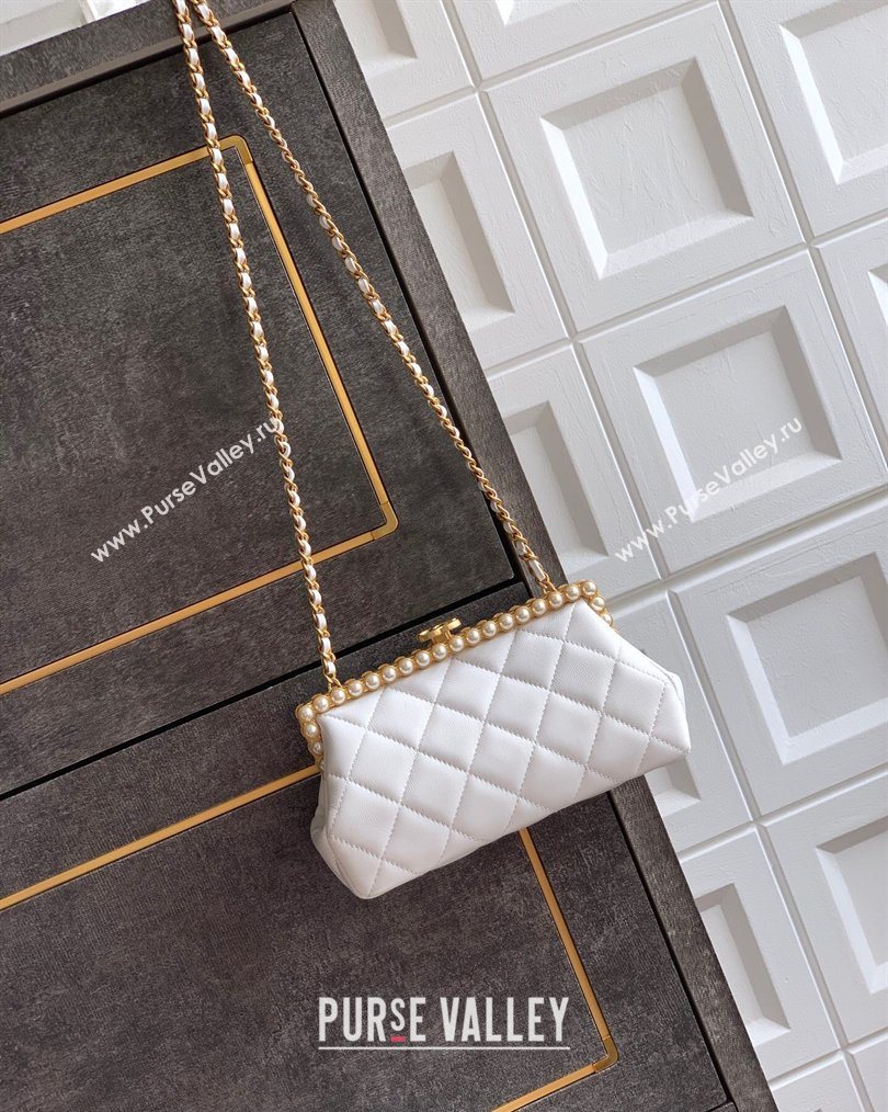 Chanel Lambskin Leather Pearls Clutch with Chain White 2026 AS5912 (yezi-260203049)