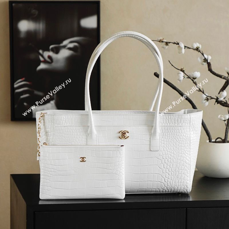 Chanel Medium Shopping Tote Bag in Crocodile Embossed Calfskin Leather AS2157 White 2026 (yezi-260204019)