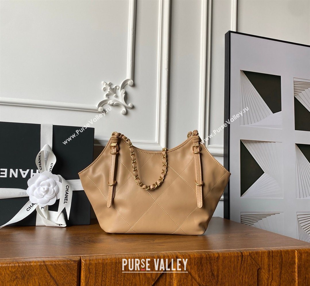 Chanel Calfskin Leather Small Shopping Tote Bag Beige 2026 AS6015 (yezi-260204017)