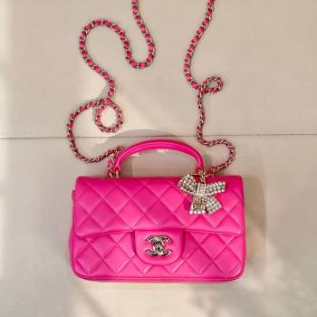 Chanel Lambskin Leather Mini Classic Flap Handbag With Top Handle and Bow Charm Fuchsia 2026 AS2431 (yezi-260204035)