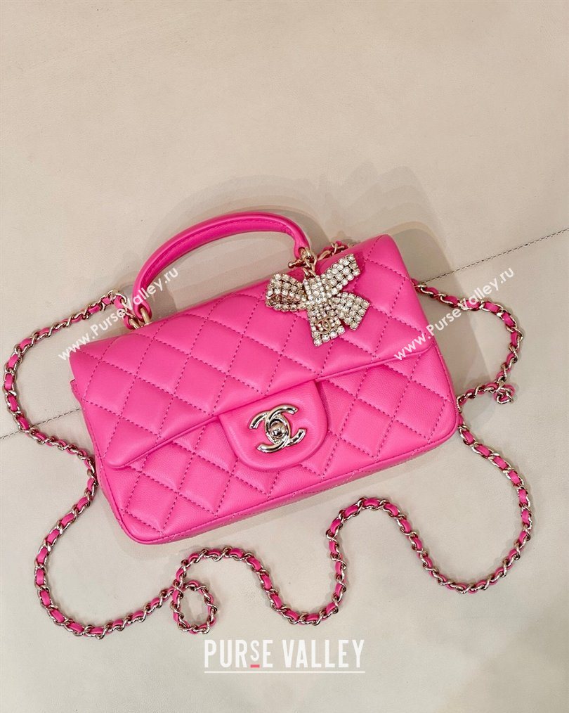 Chanel Lambskin Leather Mini Classic Flap Handbag With Top Handle and Bow Charm Fuchsia 2026 AS2431 (yezi-260204035)