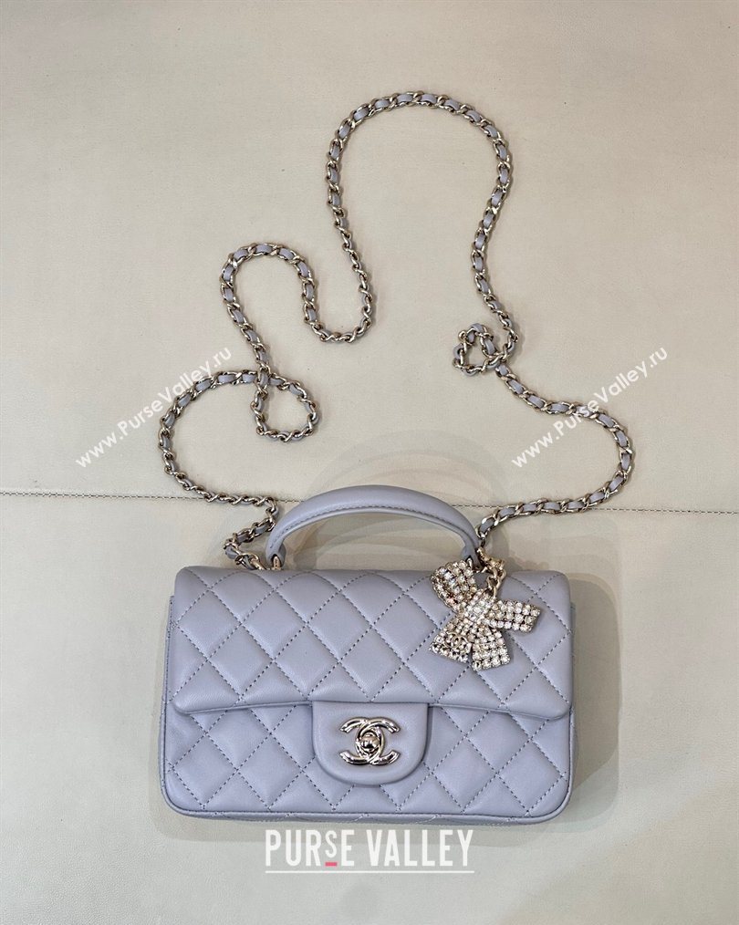 Chanel Lambskin Leather Mini Classic Flap Handbag With Top Handle and Bow Charm Dusty Purple 2026 AS2431 (yezi-260204036)