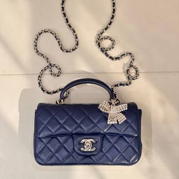 Chanel Lambskin Leather Mini Classic Flap Handbag With Top Handle and Bow Charm Navy Blue 2026 AS2431 (yezi-260204037)