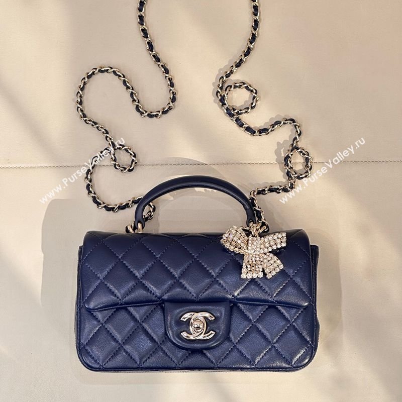 Chanel Lambskin Leather Mini Classic Flap Handbag With Top Handle and Bow Charm Navy Blue 2026 AS2431 (yezi-260204037)