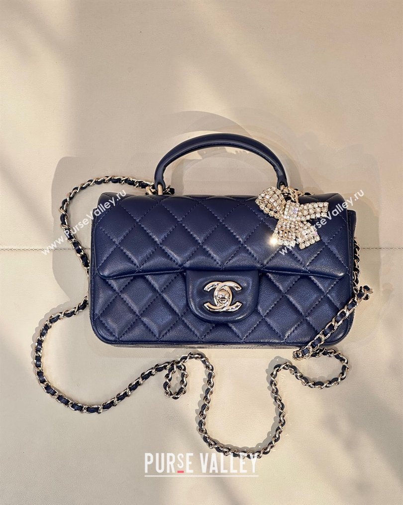 Chanel Lambskin Leather Mini Classic Flap Handbag With Top Handle and Bow Charm Navy Blue 2026 AS2431 (yezi-260204037)
