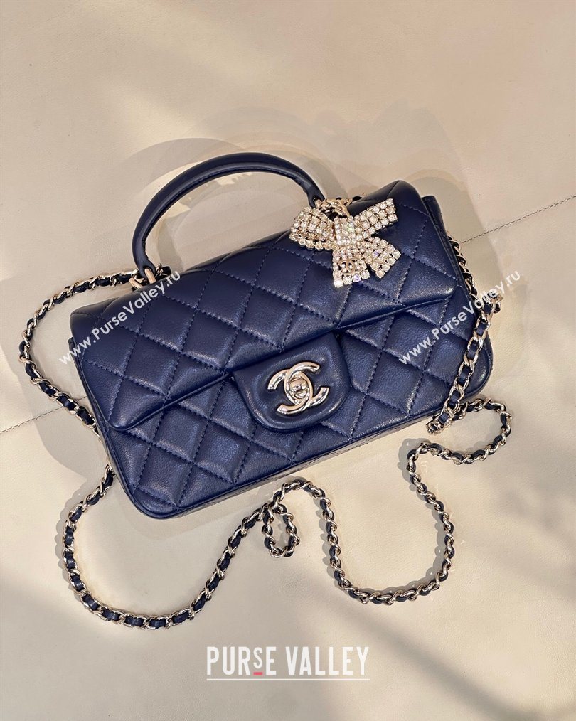 Chanel Lambskin Leather Mini Classic Flap Handbag With Top Handle and Bow Charm Navy Blue 2026 AS2431 (yezi-260204037)