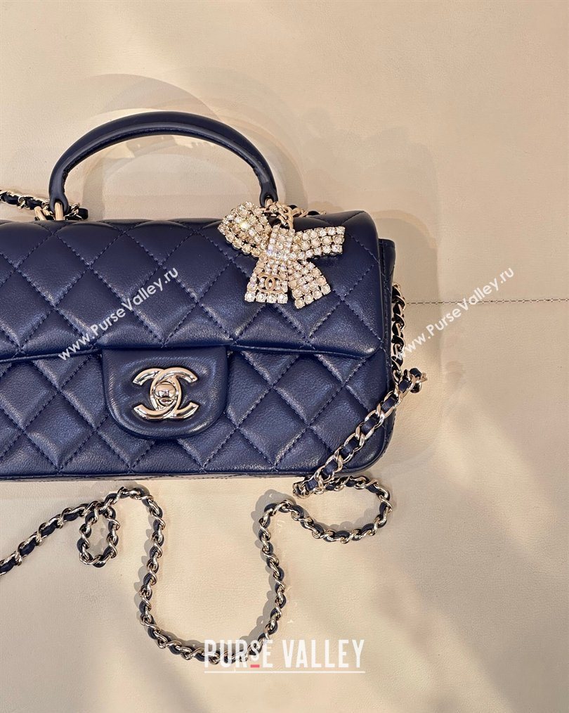 Chanel Lambskin Leather Mini Classic Flap Handbag With Top Handle and Bow Charm Navy Blue 2026 AS2431 (yezi-260204037)