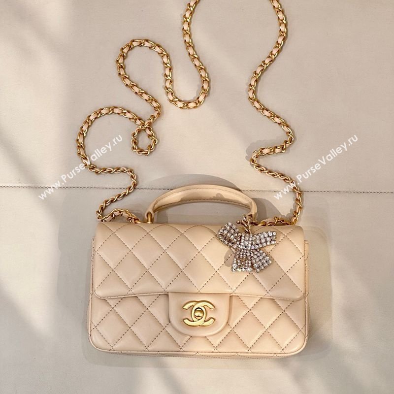Chanel Lambskin Leather Mini Classic Flap Handbag With Top Handle and Bow Charm Apricot 2026 AS2431 (yezi-260204038)
