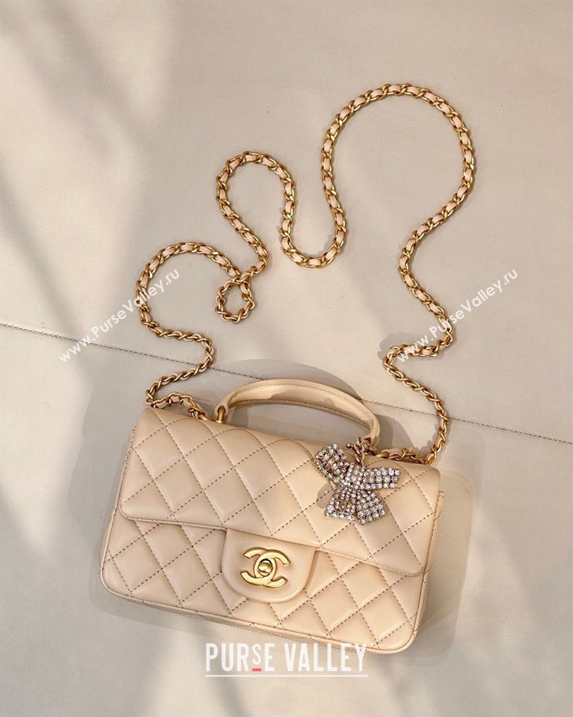 Chanel Lambskin Leather Mini Classic Flap Handbag With Top Handle and Bow Charm Apricot 2026 AS2431 (yezi-260204038)