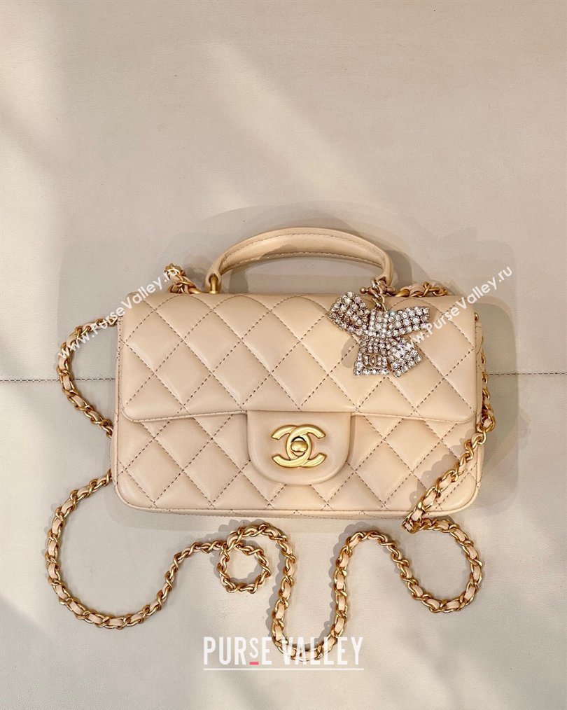 Chanel Lambskin Leather Mini Classic Flap Handbag With Top Handle and Bow Charm Apricot 2026 AS2431 (yezi-260204038)