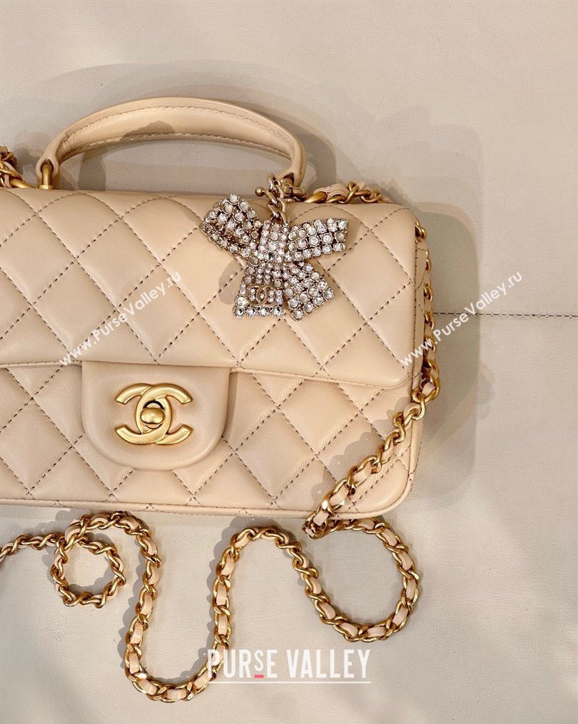 Chanel Lambskin Leather Mini Classic Flap Handbag With Top Handle and Bow Charm Apricot 2026 AS2431 (yezi-260204038)