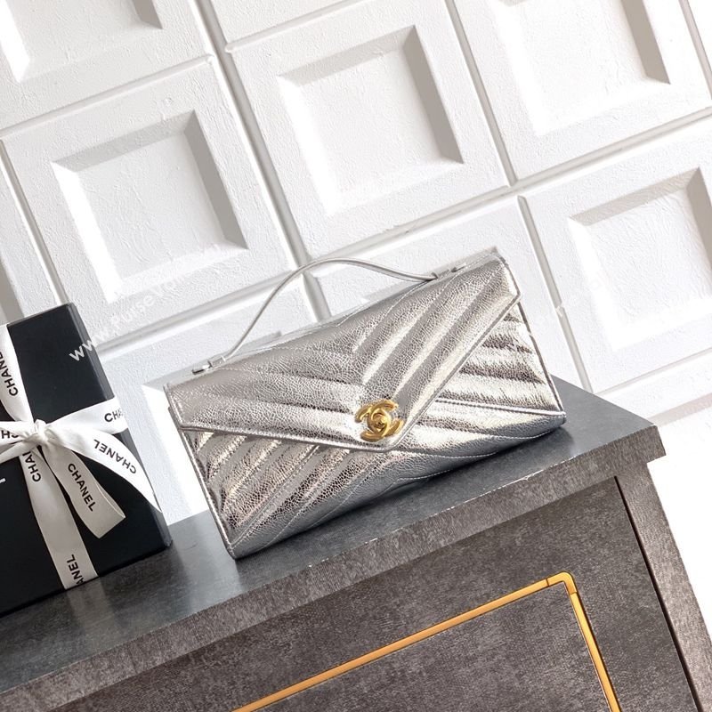 Chanel Chevron Lambskin Leather Flap Top Handle Bag Silver 2026 AS6044 (yezi-260204062)