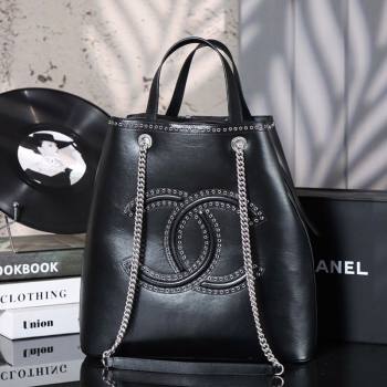Chanel Calfskin Leather Studs Shopping Bag Black/Silver 2026 AS8011 (yezi-260204072)