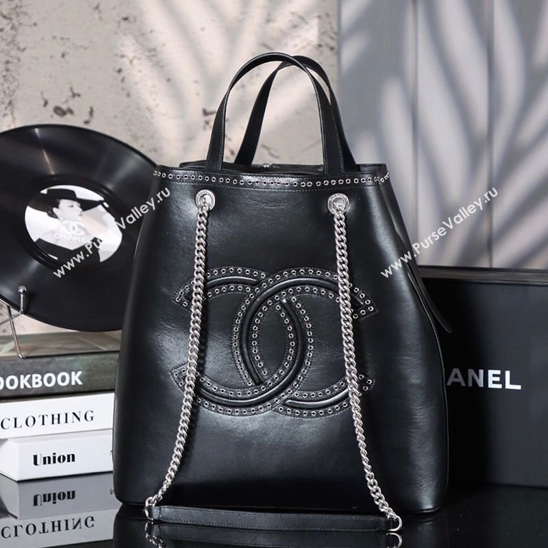 Chanel Calfskin Leather Studs Shopping Bag Black/Silver 2026 AS8011 (yezi-260204072)