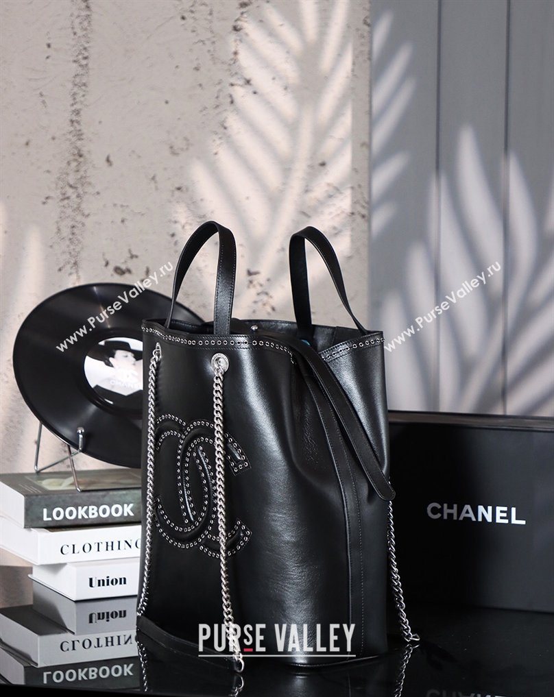 Chanel Calfskin Leather Studs Shopping Bag Black/Silver 2026 AS8011 (yezi-260204072)
