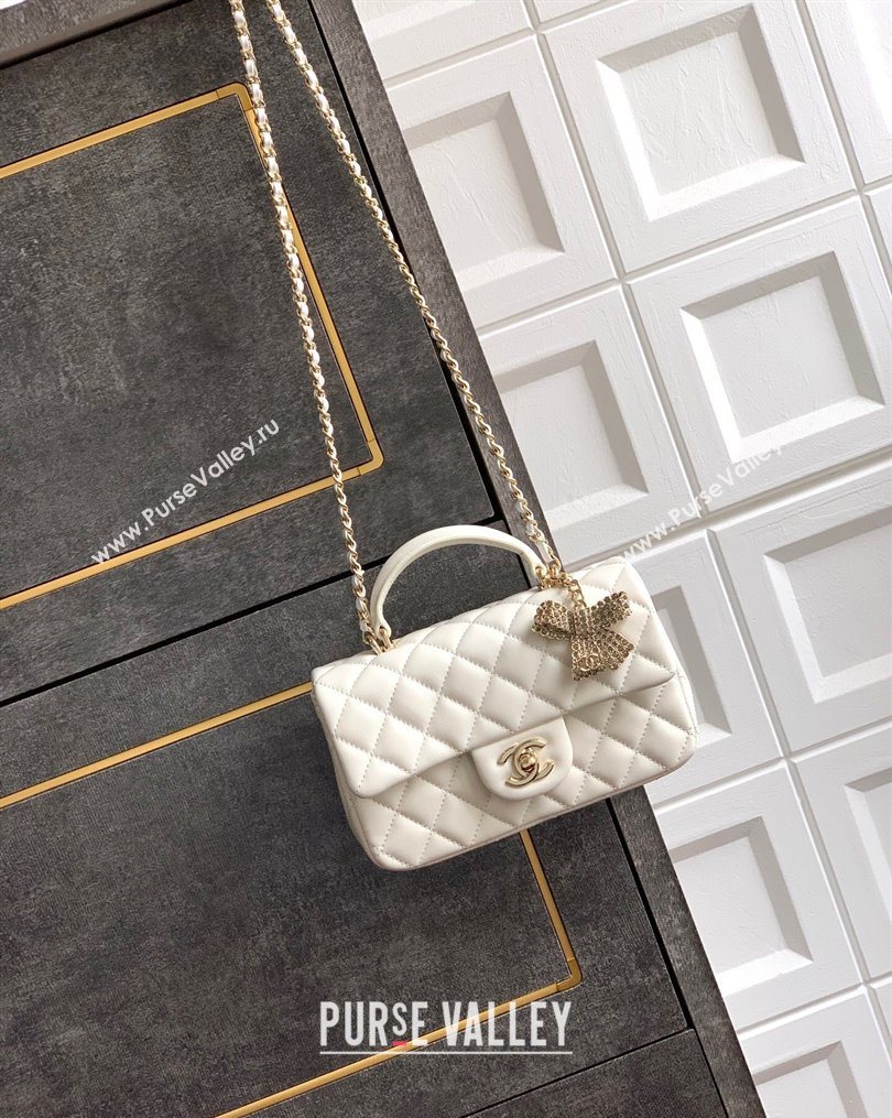 Chanel Lambskin Leather Mini Classic Flap Handbag With Top Handle and Bow Charm White 2026 AS2431 (yezi-260204027)