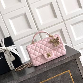 Chanel Lambskin Leather Mini Classic Flap Handbag With Top Handle and Bow Charm Light Pink 2026 AS2431 (yezi-260204028)