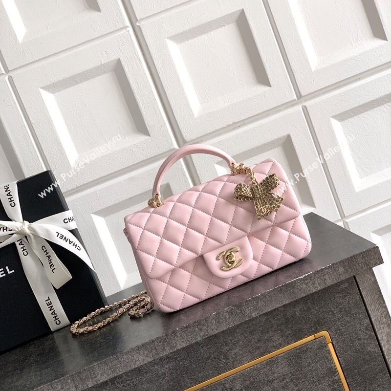 Chanel Lambskin Leather Mini Classic Flap Handbag With Top Handle and Bow Charm Light Pink 2026 AS2431 (yezi-260204028)