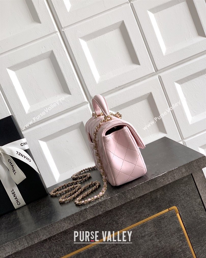 Chanel Lambskin Leather Mini Classic Flap Handbag With Top Handle and Bow Charm Light Pink 2026 AS2431 (yezi-260204028)