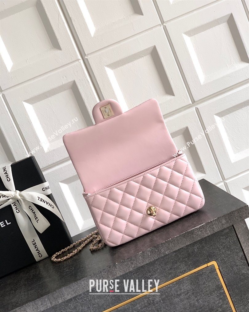 Chanel Lambskin Leather Mini Classic Flap Handbag With Top Handle and Bow Charm Light Pink 2026 AS2431 (yezi-260204028)