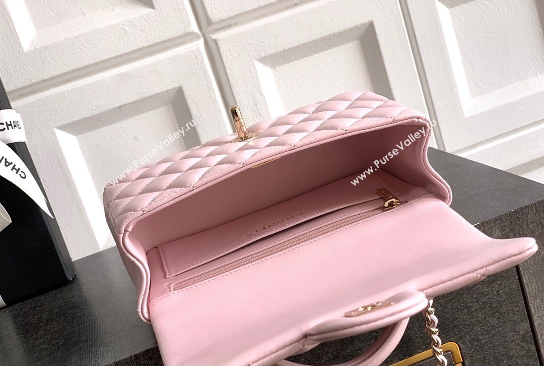 Chanel Lambskin Leather Mini Classic Flap Handbag With Top Handle and Bow Charm Light Pink 2026 AS2431 (yezi-260204028)