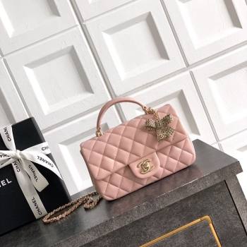 Chanel Lambskin Leather Mini Classic Flap Handbag With Top Handle and Bow Charm Nude Pink 2026 AS2431 (yezi-260204029)