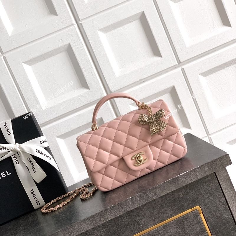 Chanel Lambskin Leather Mini Classic Flap Handbag With Top Handle and Bow Charm Nude Pink 2026 AS2431 (yezi-260204029)