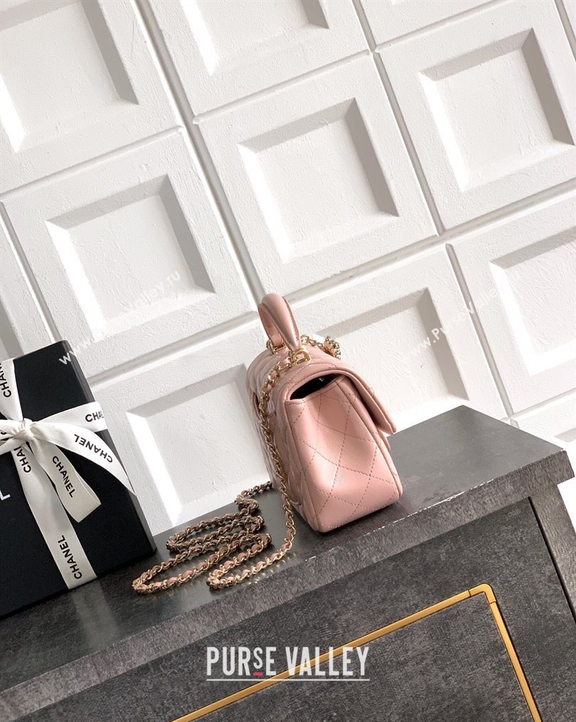 Chanel Lambskin Leather Mini Classic Flap Handbag With Top Handle and Bow Charm Nude Pink 2026 AS2431 (yezi-260204029)