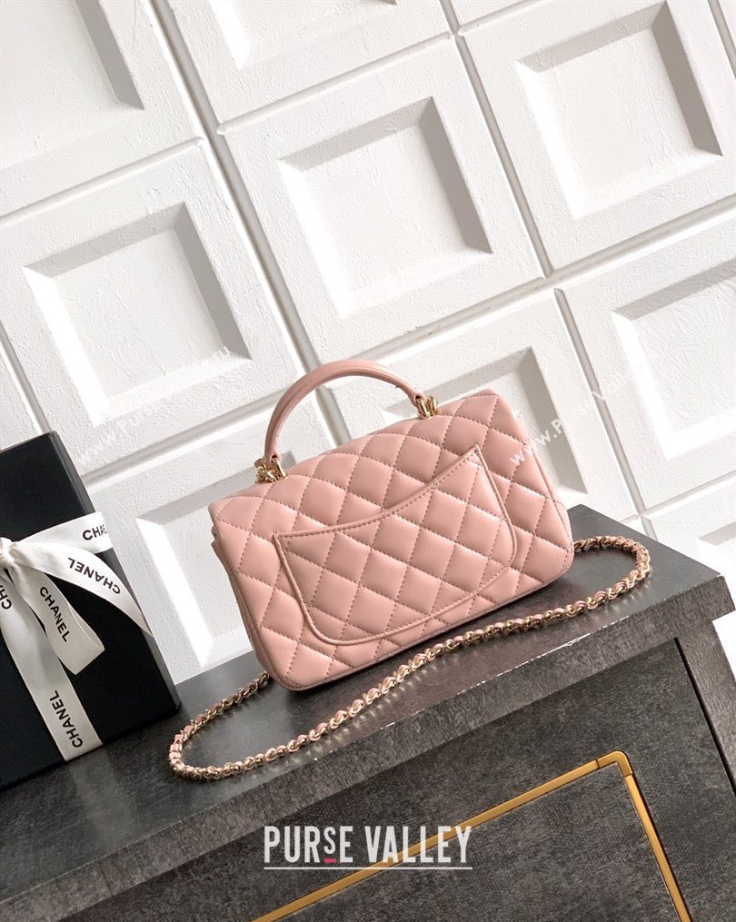 Chanel Lambskin Leather Mini Classic Flap Handbag With Top Handle and Bow Charm Nude Pink 2026 AS2431 (yezi-260204029)