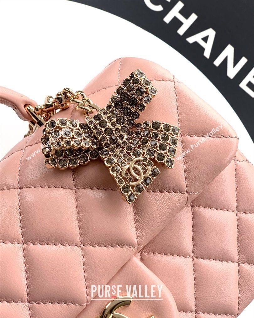 Chanel Lambskin Leather Mini Classic Flap Handbag With Top Handle and Bow Charm Nude Pink 2026 AS2431 (yezi-260204029)