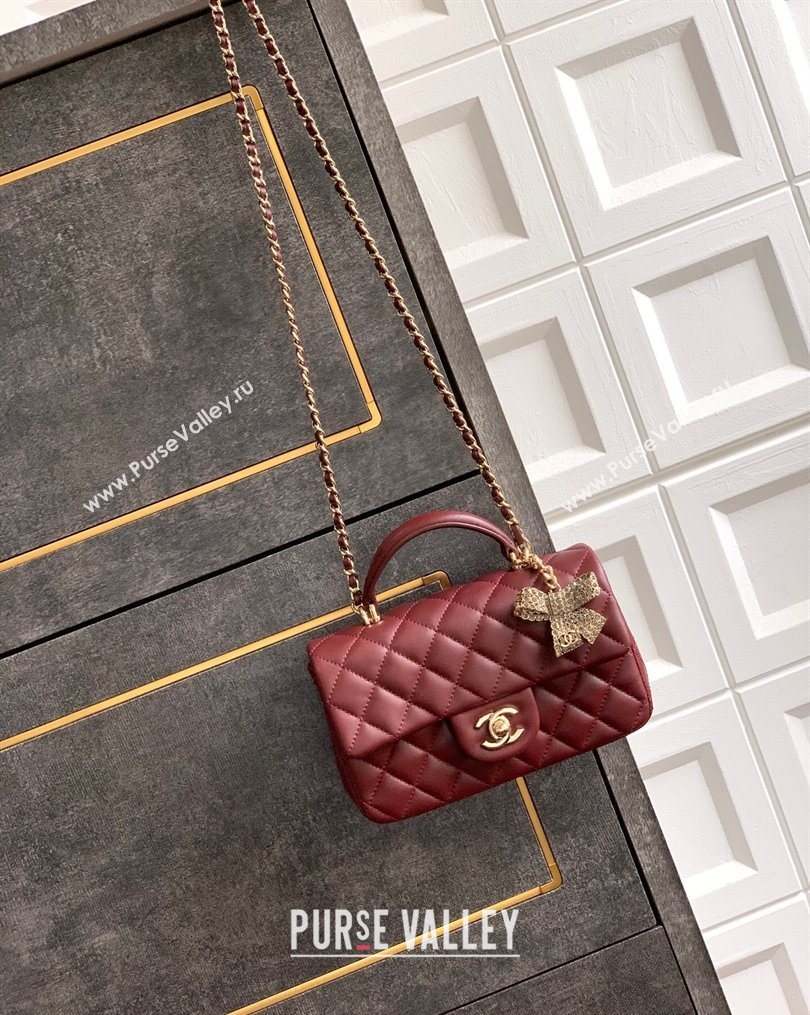Chanel Lambskin Leather Mini Classic Flap Handbag With Top Handle and Bow Charm Red 2026 AS2431 (yezi-260204030)