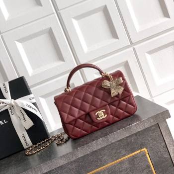 Chanel Lambskin Leather Mini Classic Flap Handbag With Top Handle and Bow Charm Red 2026 AS2431 (yezi-260204030)