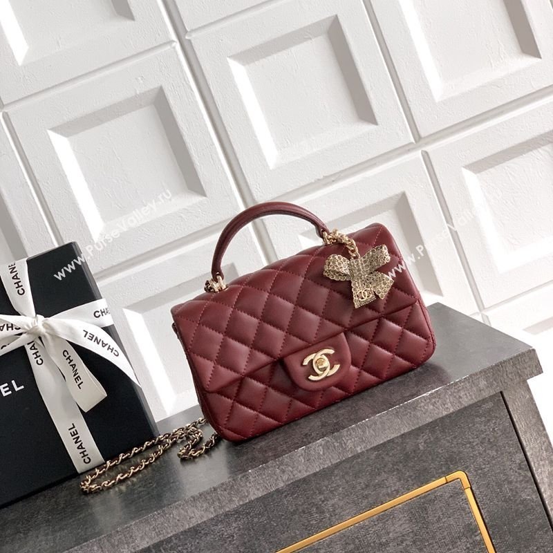 Chanel Lambskin Leather Mini Classic Flap Handbag With Top Handle and Bow Charm Red 2026 AS2431 (yezi-260204030)