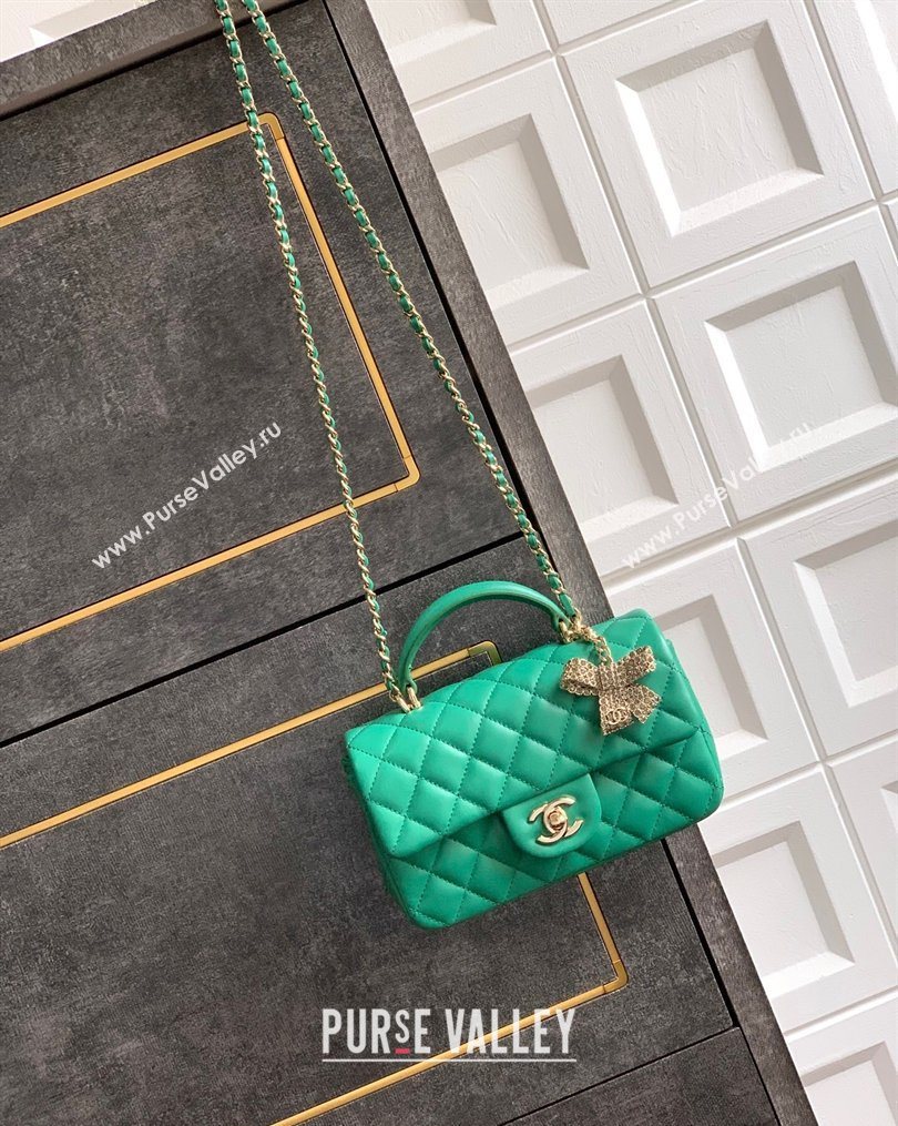 Chanel Lambskin Leather Mini Classic Flap Handbag With Top Handle and Bow Charm Green 2026 AS2431 (yezi-260204031)