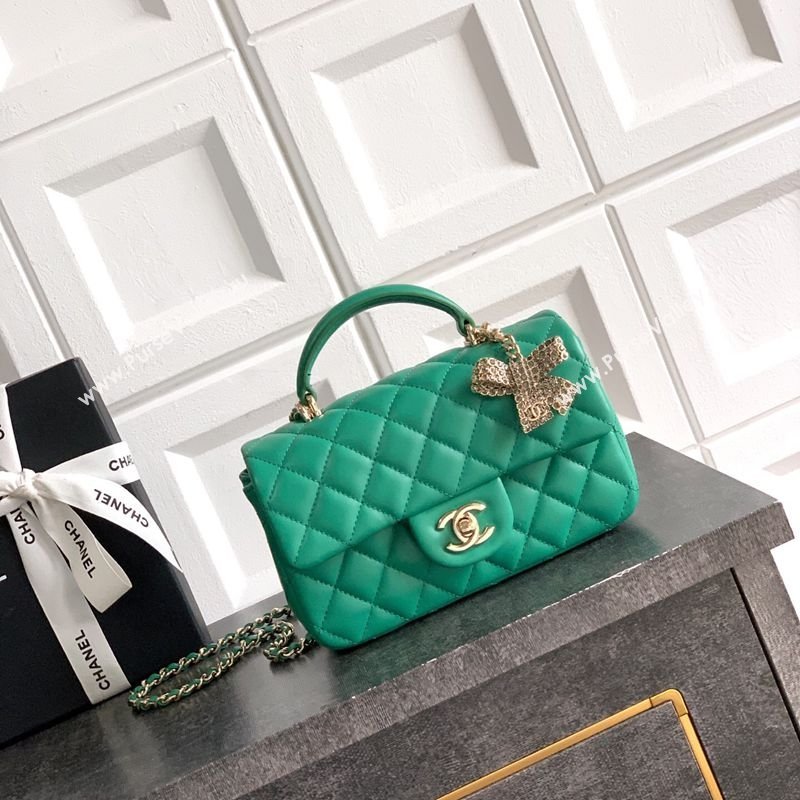 Chanel Lambskin Leather Mini Classic Flap Handbag With Top Handle and Bow Charm Green 2026 AS2431 (yezi-260204031)