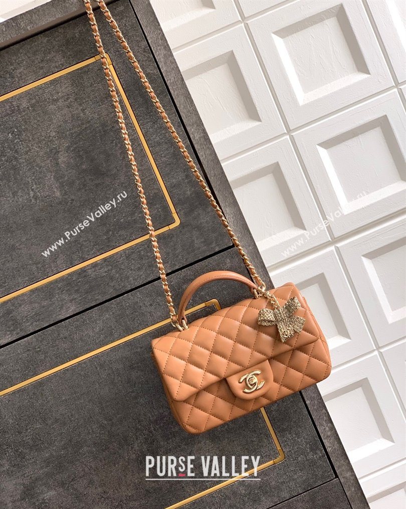 Chanel Lambskin Leather Mini Classic Flap Handbag With Top Handle and Bow Charm Khaki 2026 AS2431 (yezi-260204032)