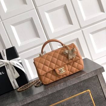 Chanel Lambskin Leather Mini Classic Flap Handbag With Top Handle and Bow Charm Khaki 2026 AS2431 (yezi-260204032)