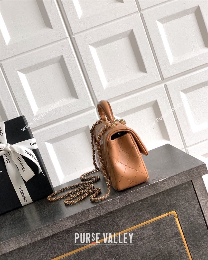 Chanel Lambskin Leather Mini Classic Flap Handbag With Top Handle and Bow Charm Khaki 2026 AS2431 (yezi-260204032)