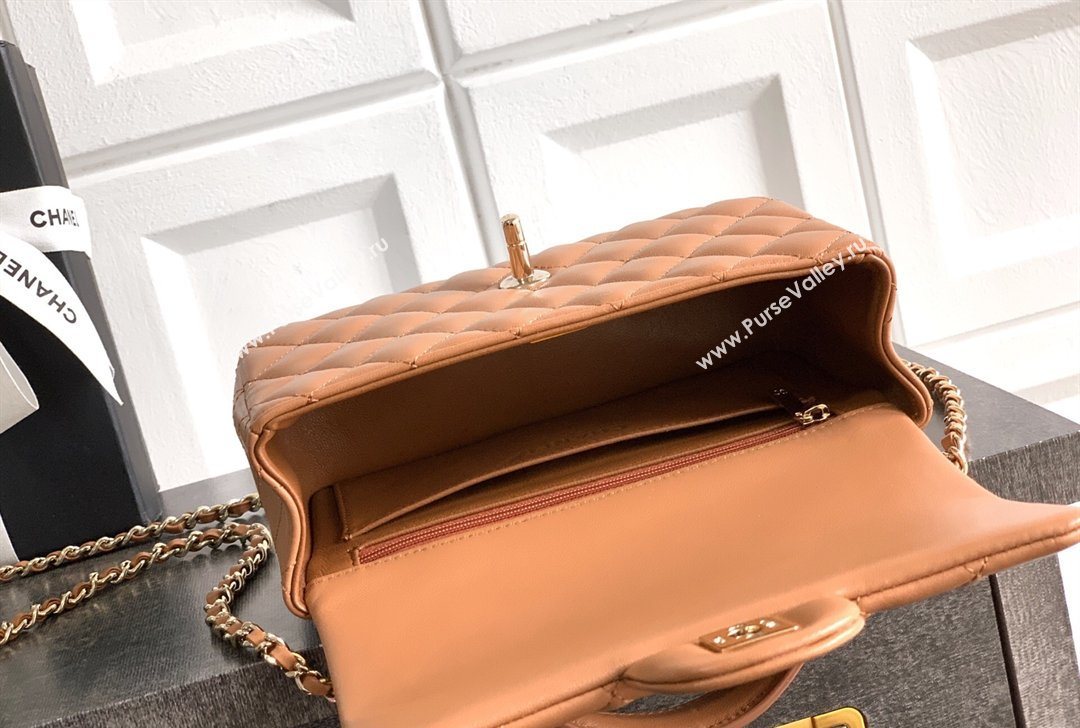 Chanel Lambskin Leather Mini Classic Flap Handbag With Top Handle and Bow Charm Khaki 2026 AS2431 (yezi-260204032)
