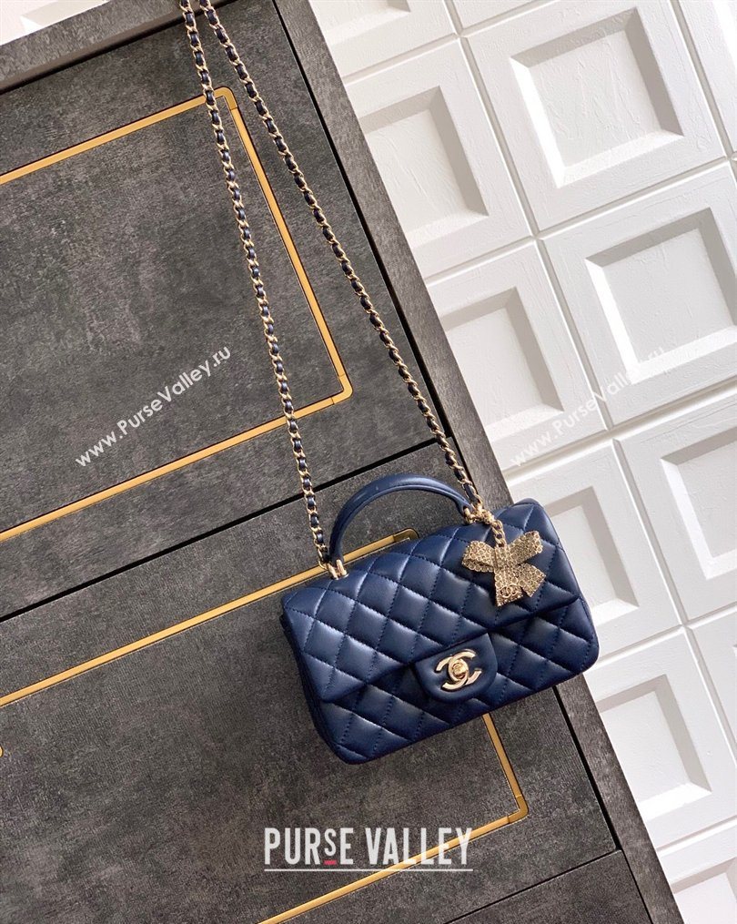Chanel Lambskin Leather Mini Classic Flap Handbag With Top Handle and Bow Charm Dark Blue 2026 AS2431 (yezi-260204033)