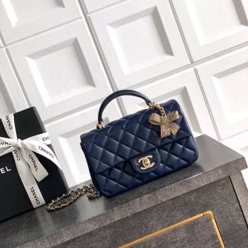 Chanel Lambskin Leather Mini Classic Flap Handbag With Top Handle and Bow Charm Dark Blue 2026 AS2431 (yezi-260204033)