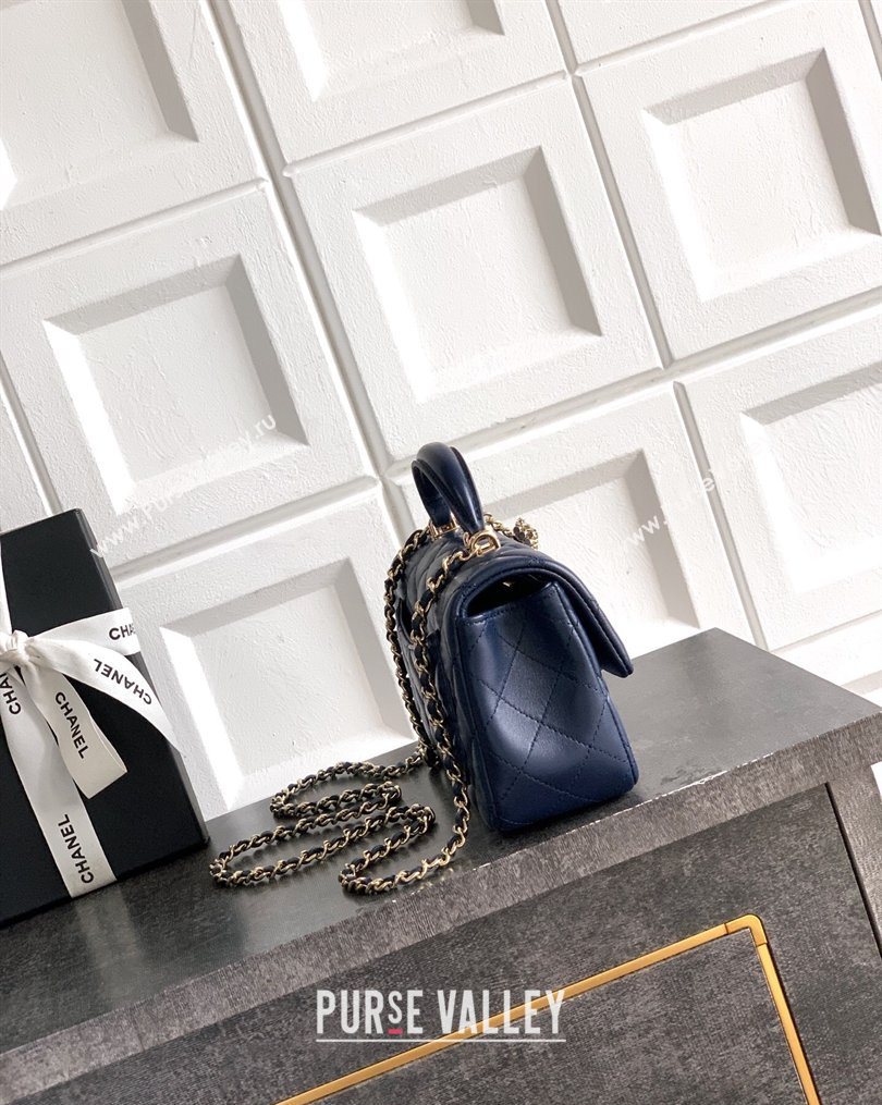 Chanel Lambskin Leather Mini Classic Flap Handbag With Top Handle and Bow Charm Dark Blue 2026 AS2431 (yezi-260204033)